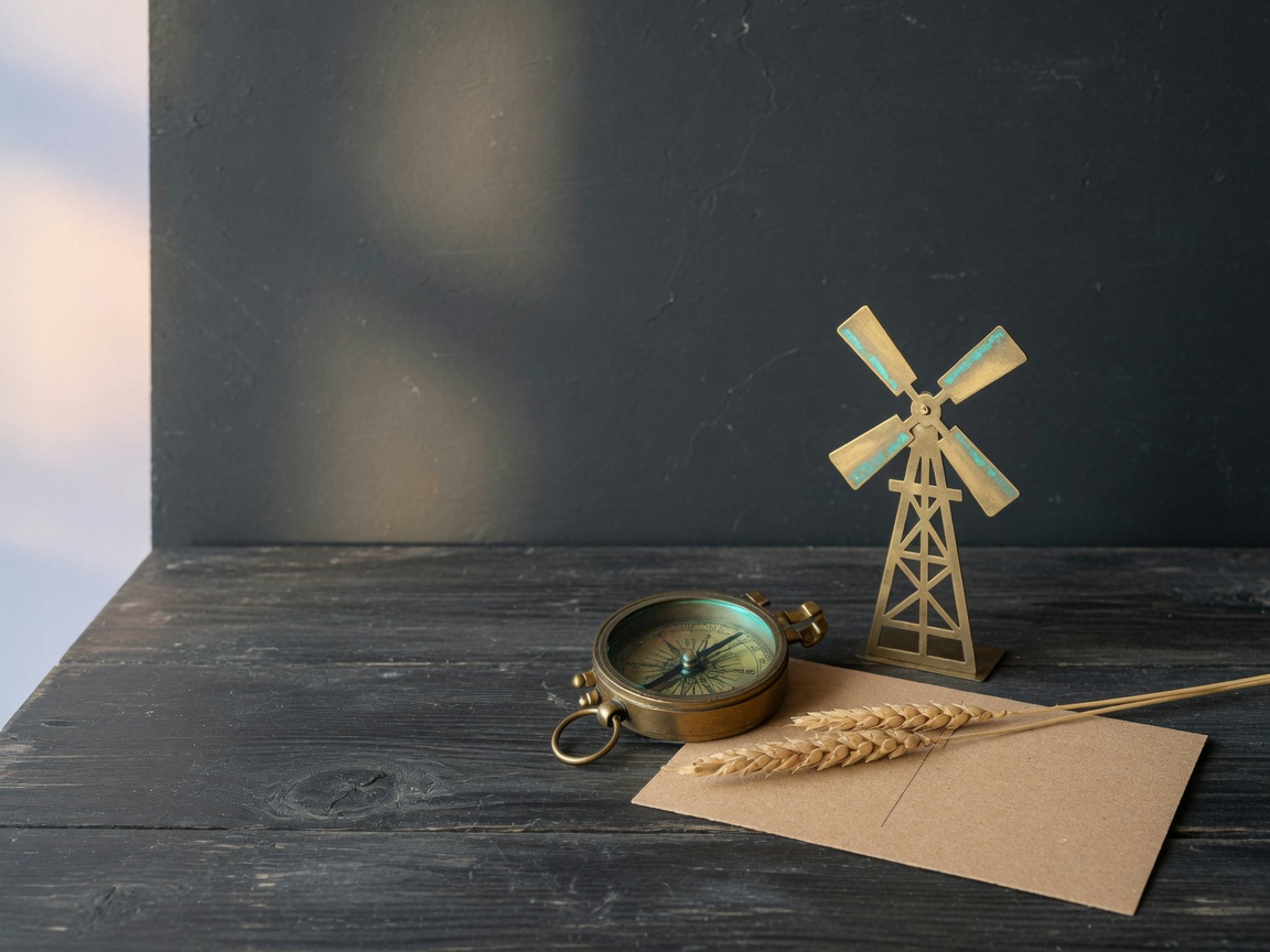 Rural Roots Hub — brass compass and wheat on a farm table