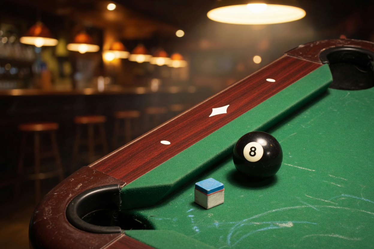 Close-up of an 8-ball and chalk on green felt at a bar pool table