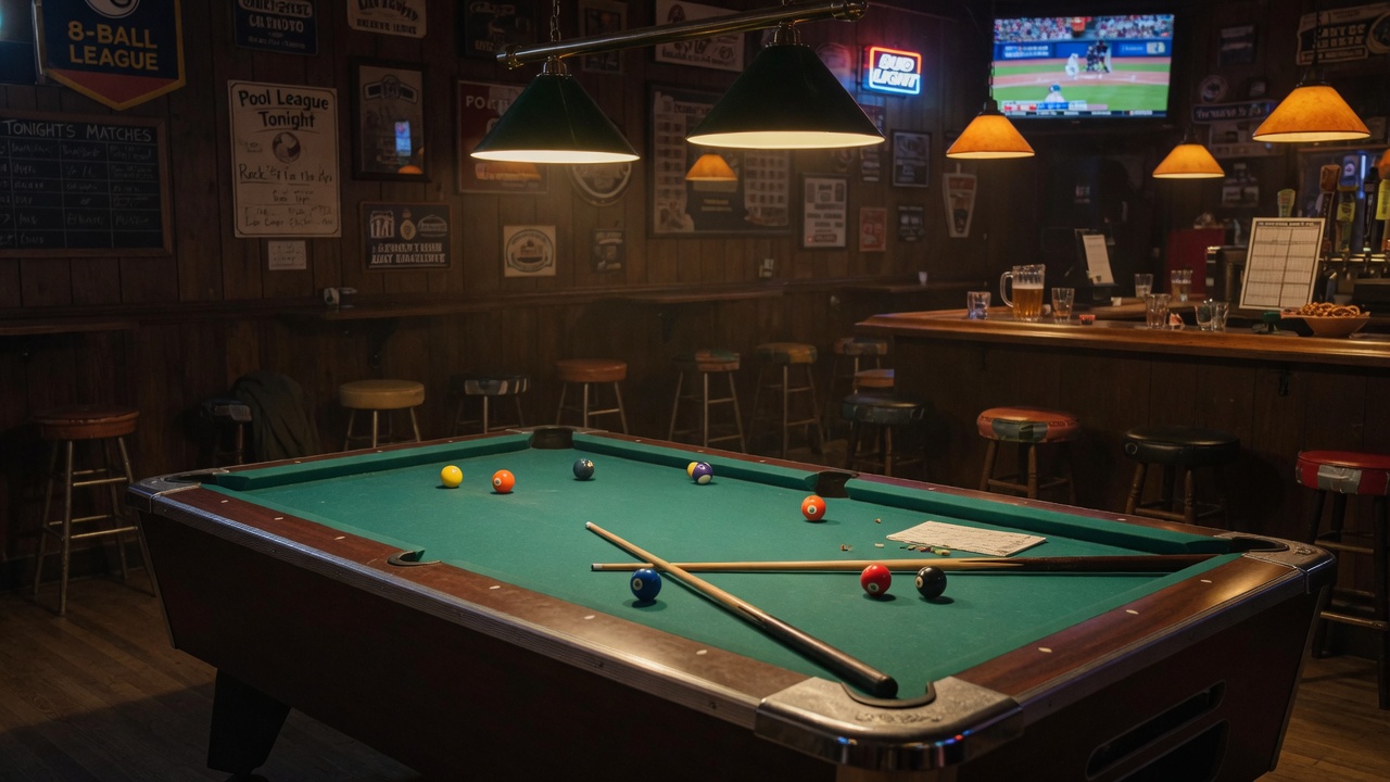 Green felt pool table under hanging lights in a warm bar on league night